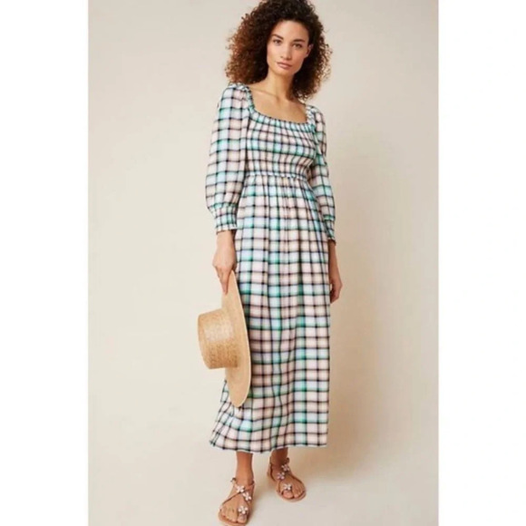 Maeve Dresses & Skirts - Anthropologie Maeve Cerie Smocked Bohemian Plaid Maxi Dress Blue White Medium